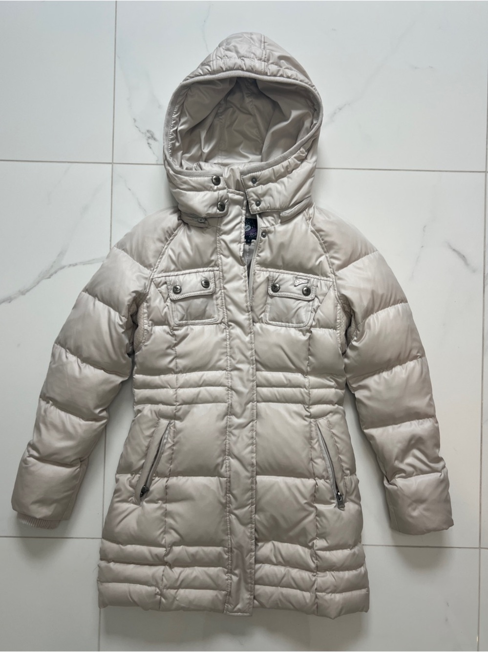 Hooded Puffer Coat in Light Beige